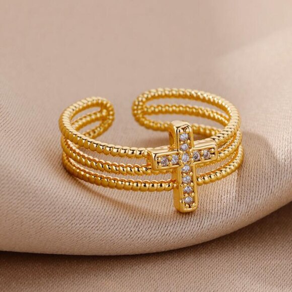 3/$35 18K Gold Plated Copper Open Ring Cubic Zirconia Cross Dainty Jewelry - Picture 5 of 7